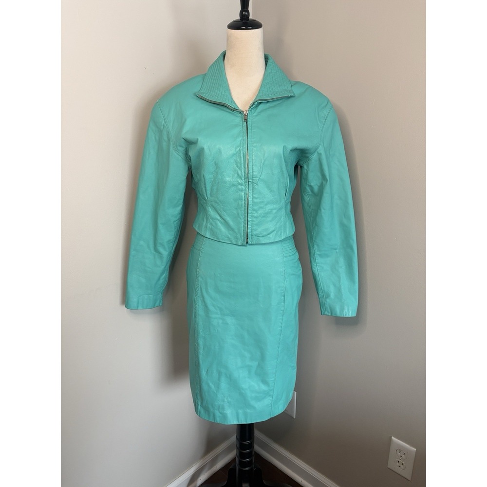 Vintage Yucatan Bay 1980's Blue Leather Skirt Suit Set Jacket Outfit 2 Pc Size 8